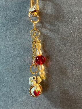Hand Crafted Gold-tone Key Chain with Red Enamel Heart/Love & Pearlescent Beads